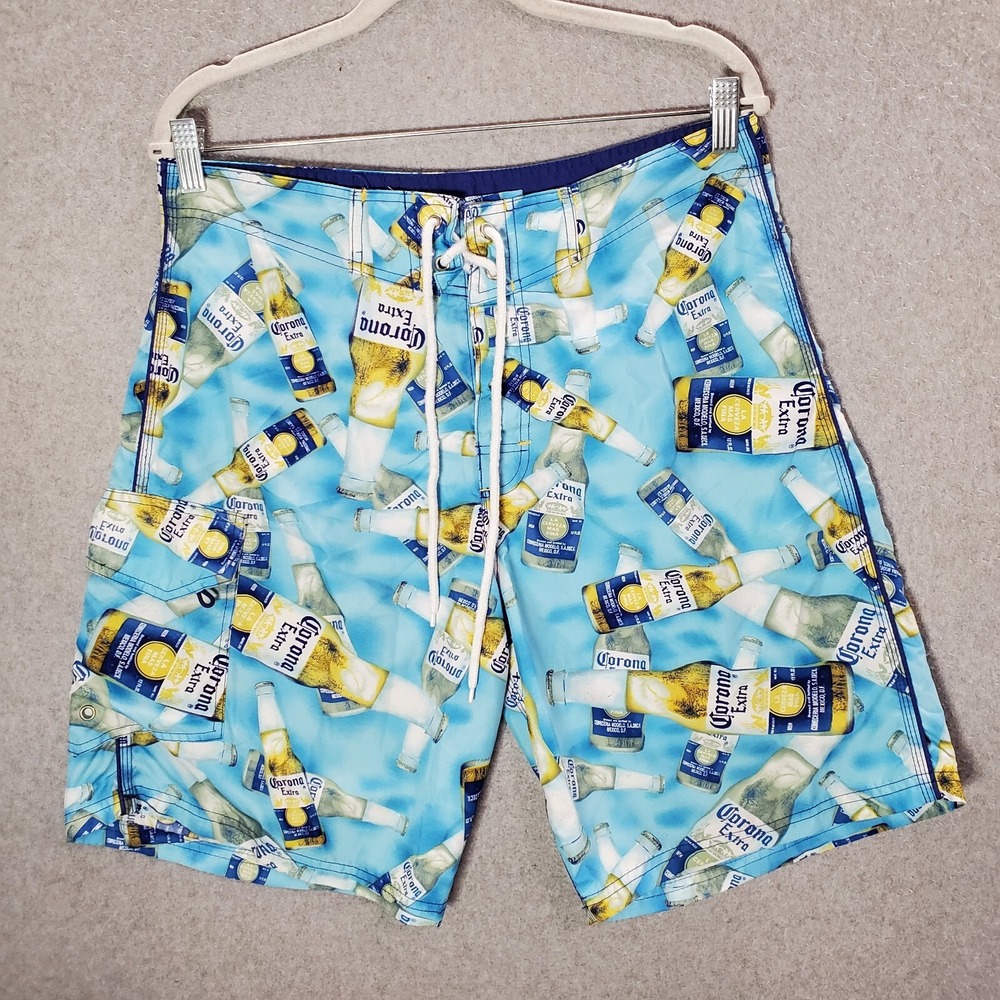 Corona Extra Men‎ Swimwear 32 Blue Board Shorts Beer Bottles Allover Print Cargo
